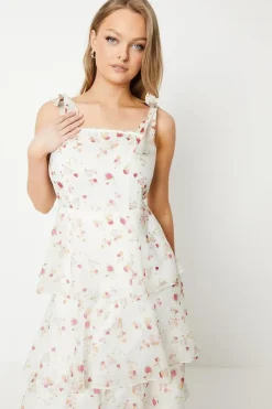 Ditsy Floral Tie Shoulder Organza Tiered Midi Dress