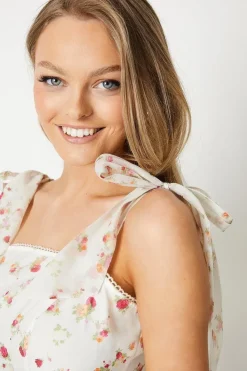 Ditsy Floral Tie Shoulder Organza Tiered Midi Dress