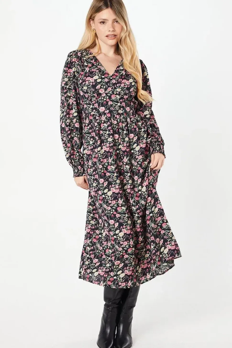 Ditsy Floral V Neck Shirred Cuff Midi Dress