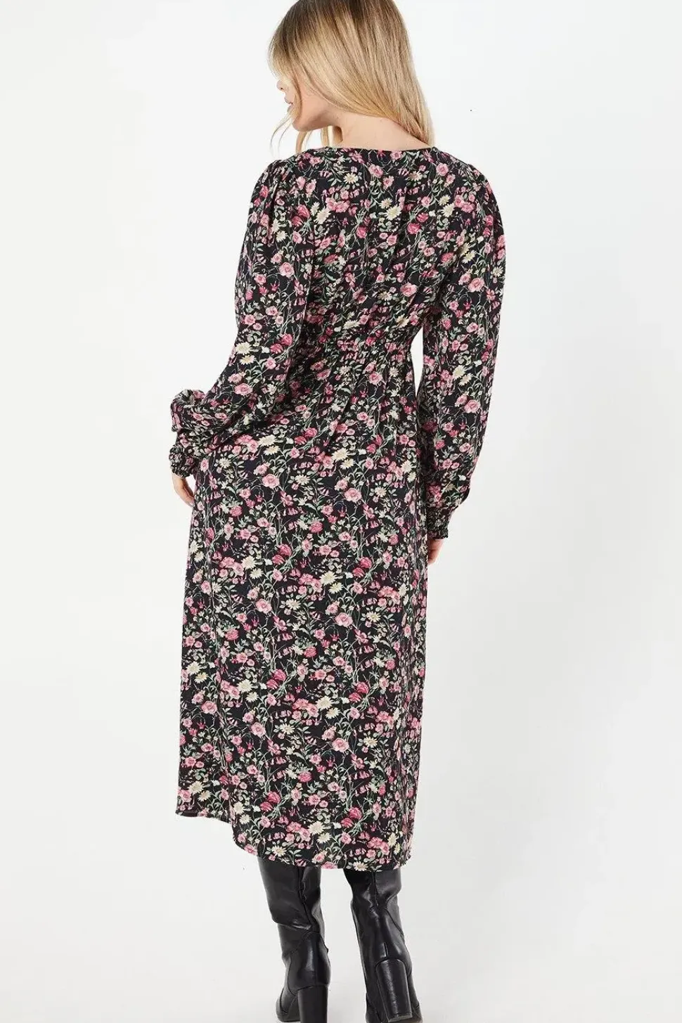 Ditsy Floral V Neck Shirred Cuff Midi Dress