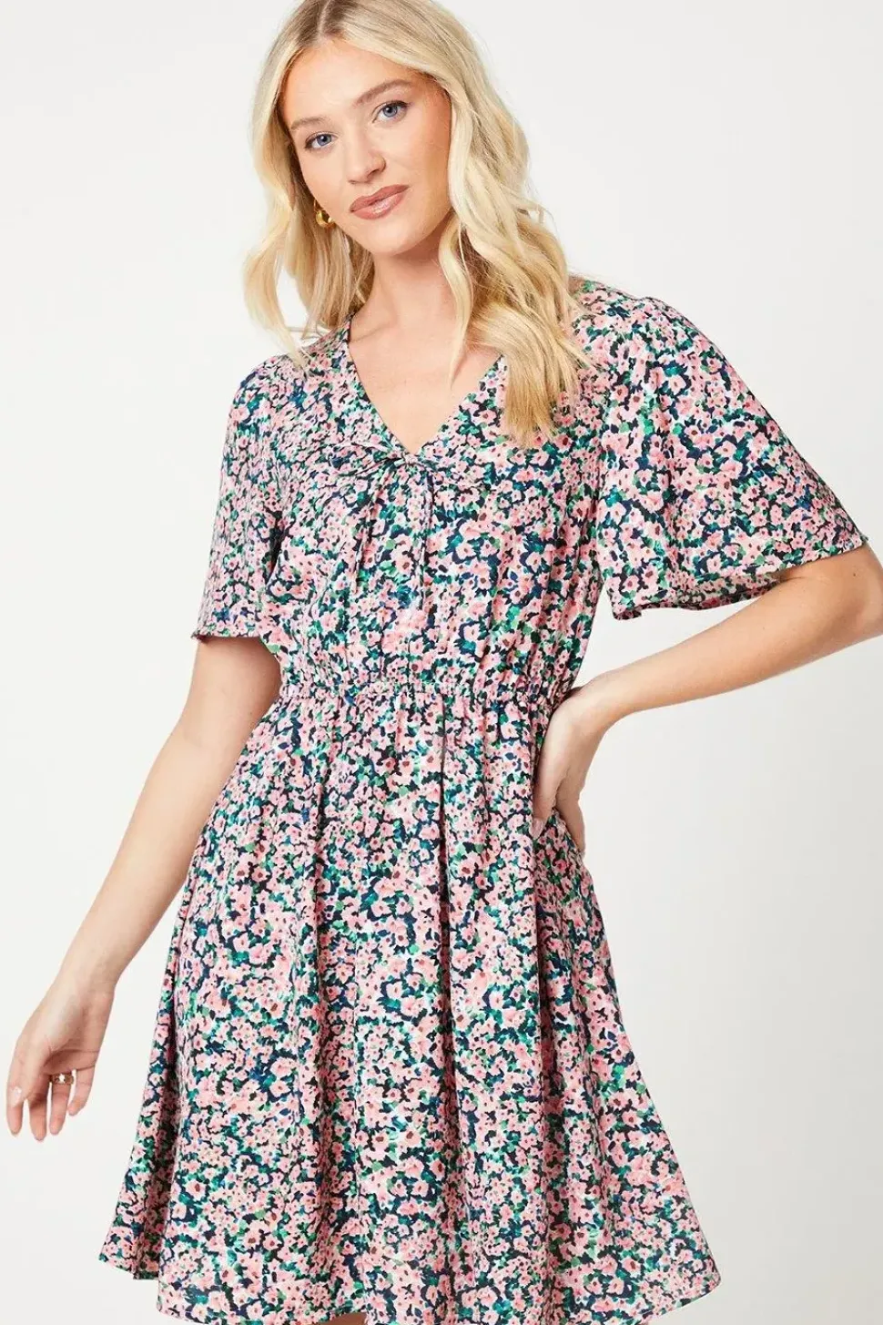 Ditsy Floral V Neck Tie Front Mini Dress