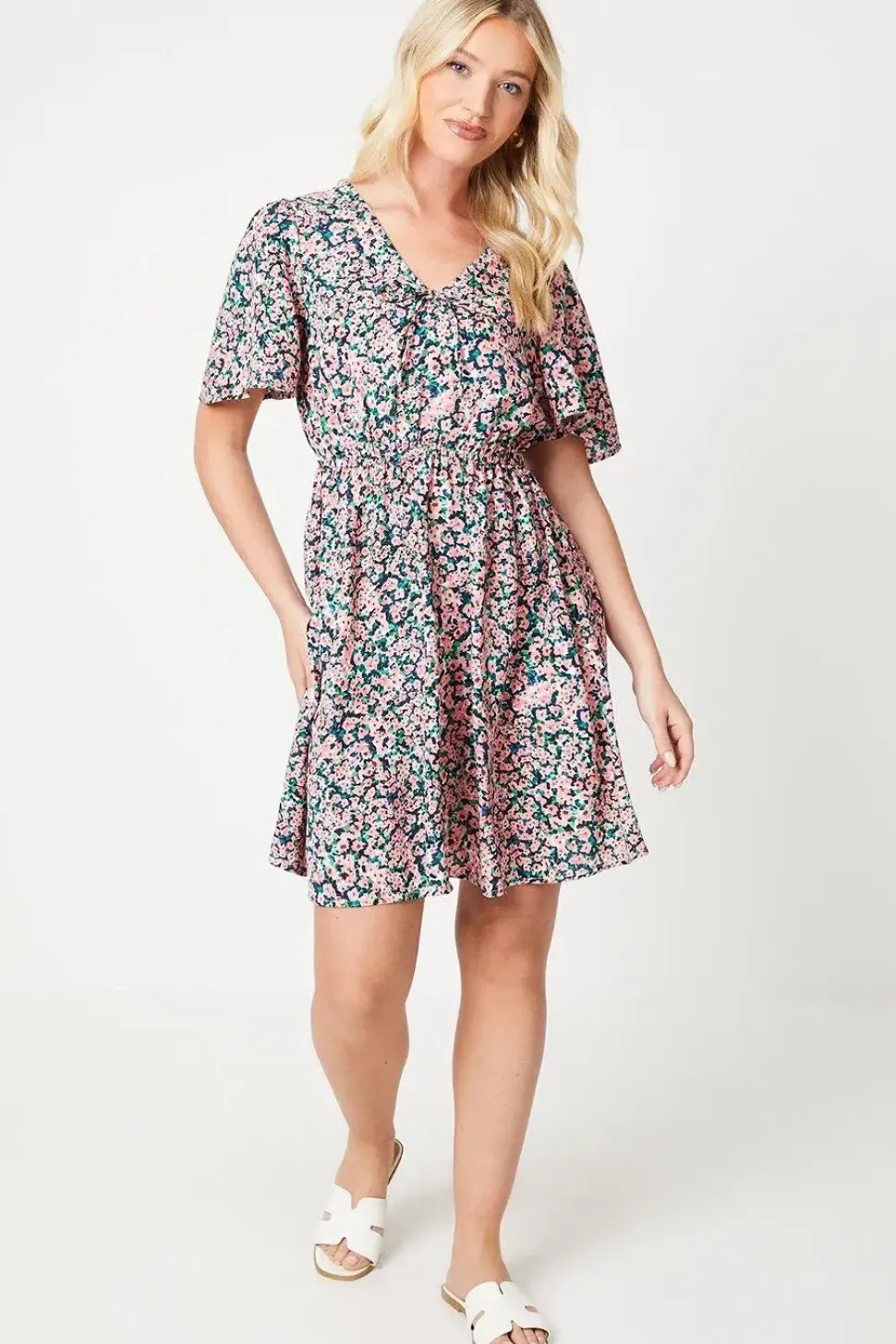 Ditsy Floral V Neck Tie Front Mini Dress
