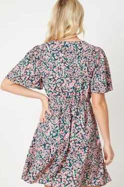 Ditsy Floral V Neck Tie Front Mini Dress