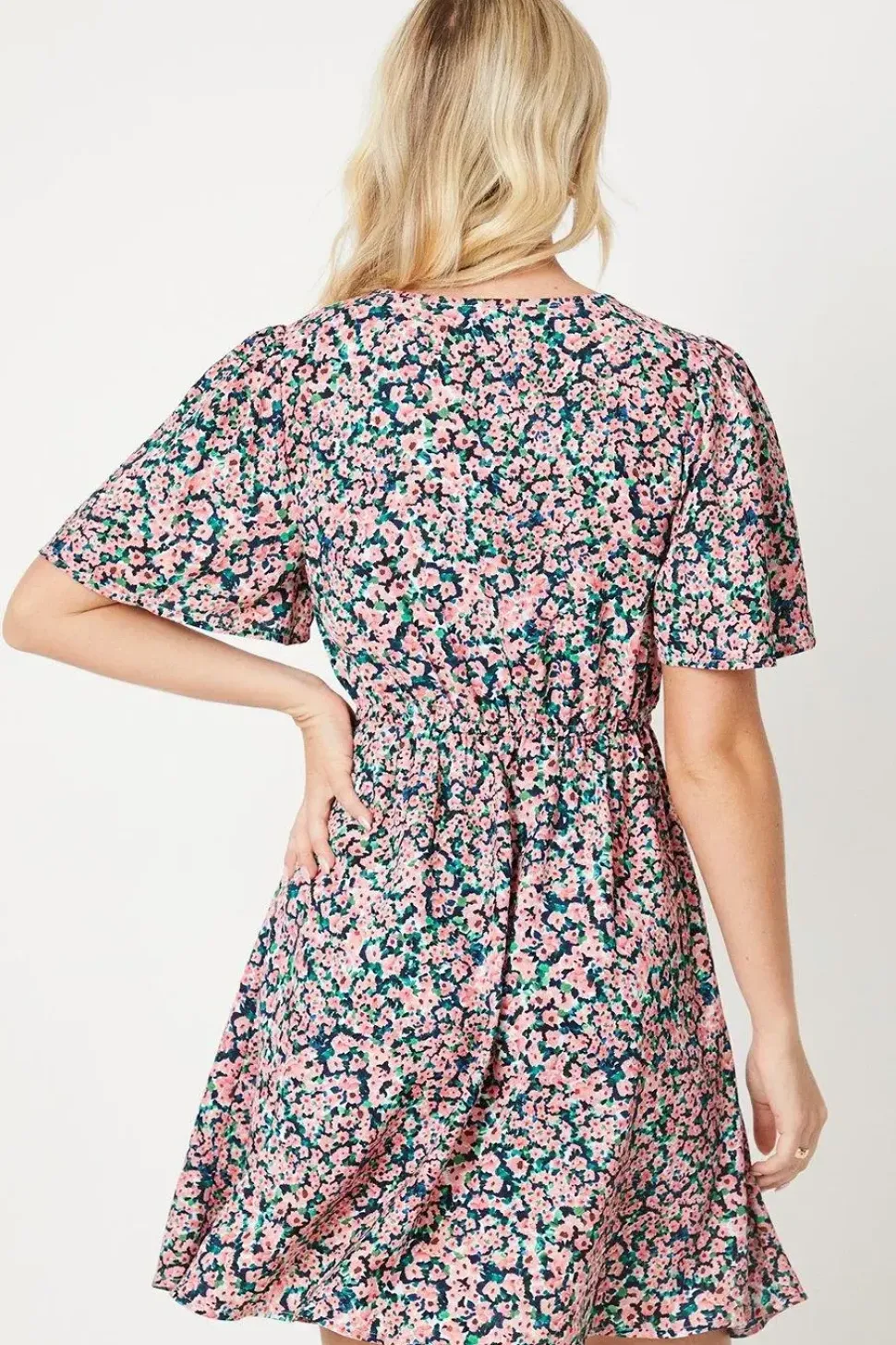 Ditsy Floral V Neck Tie Front Mini Dress