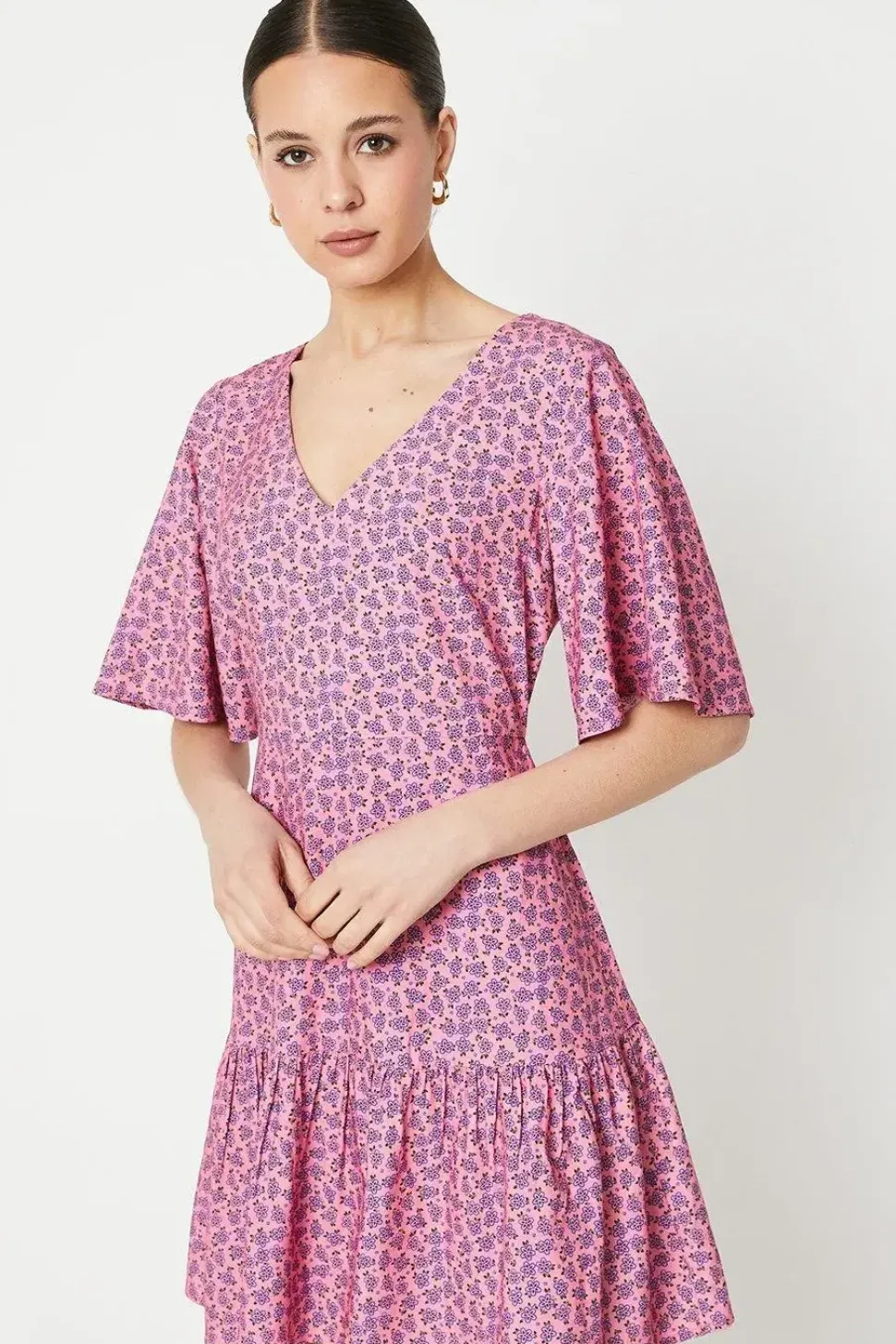 Ditsy Frill Sleeve Tiered Mini Dress