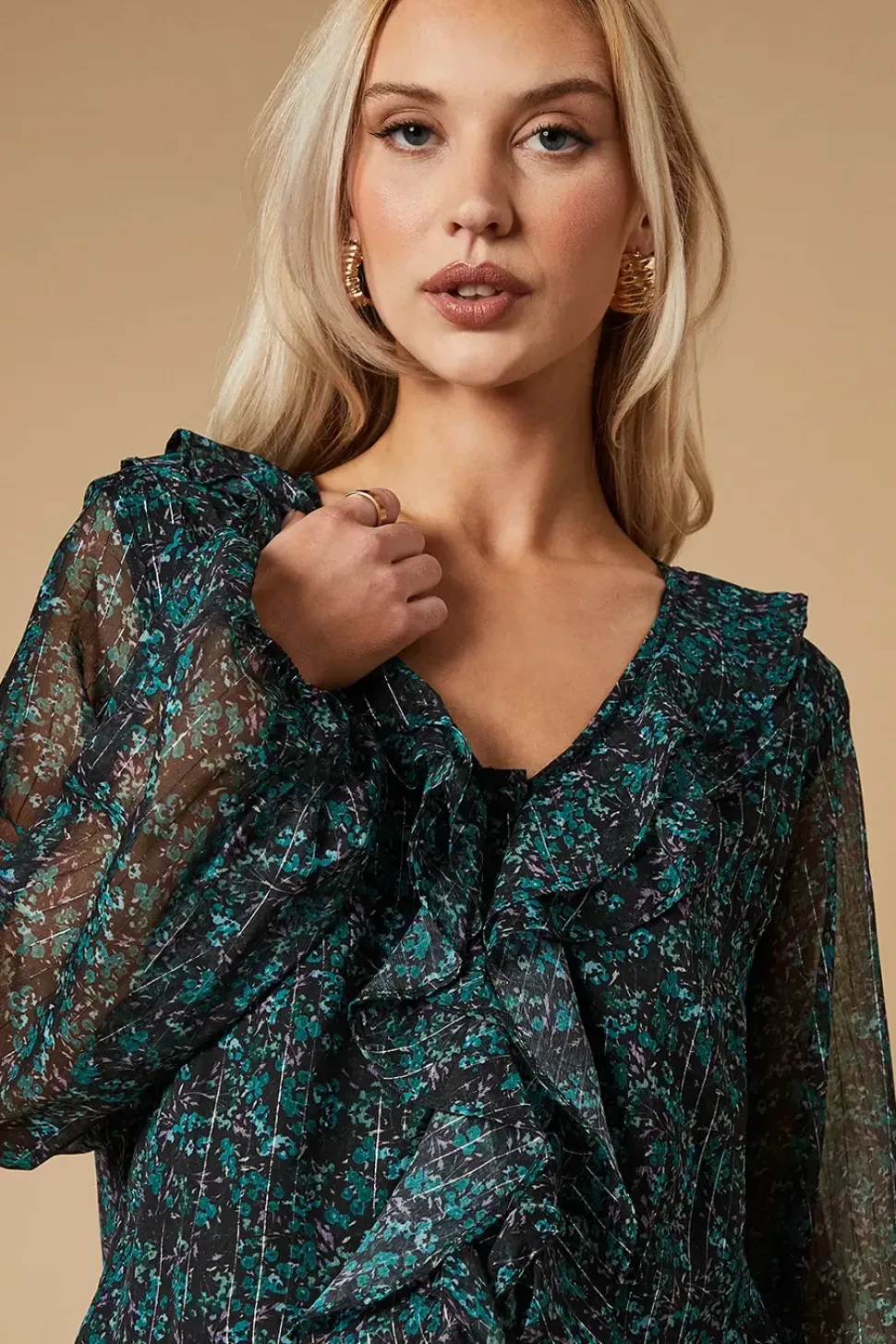 Ditsy Metallic Chiffon Ruffle Blouse