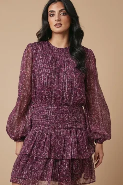 Ditsy Metallic Chiffon Tiered Mini Dress