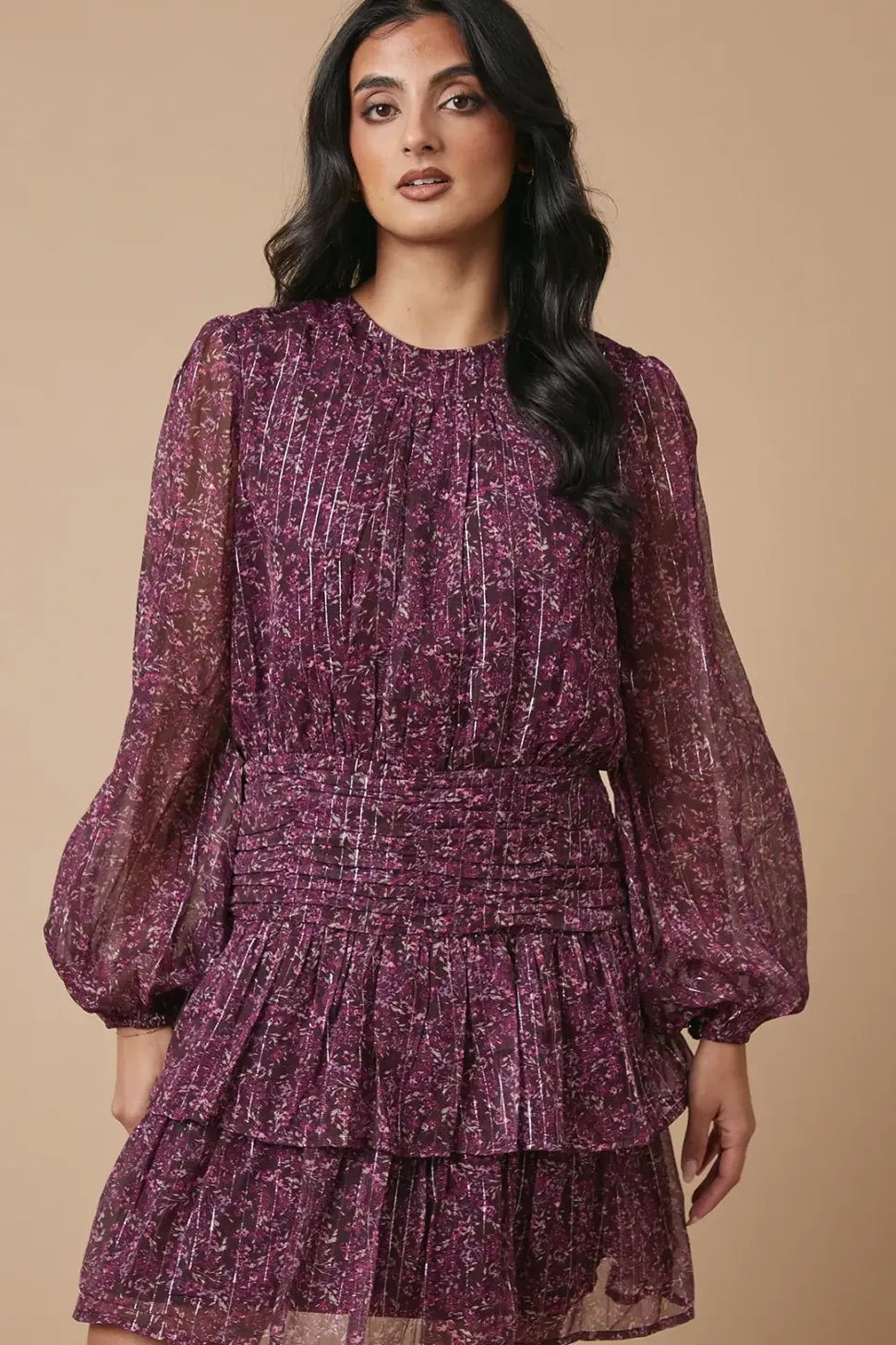Ditsy Metallic Chiffon Tiered Mini Dress