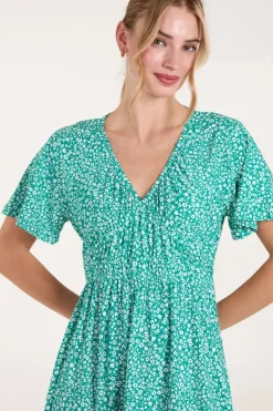 Ditsy Printed Angel Sleeve Elasticated V Neck Dress