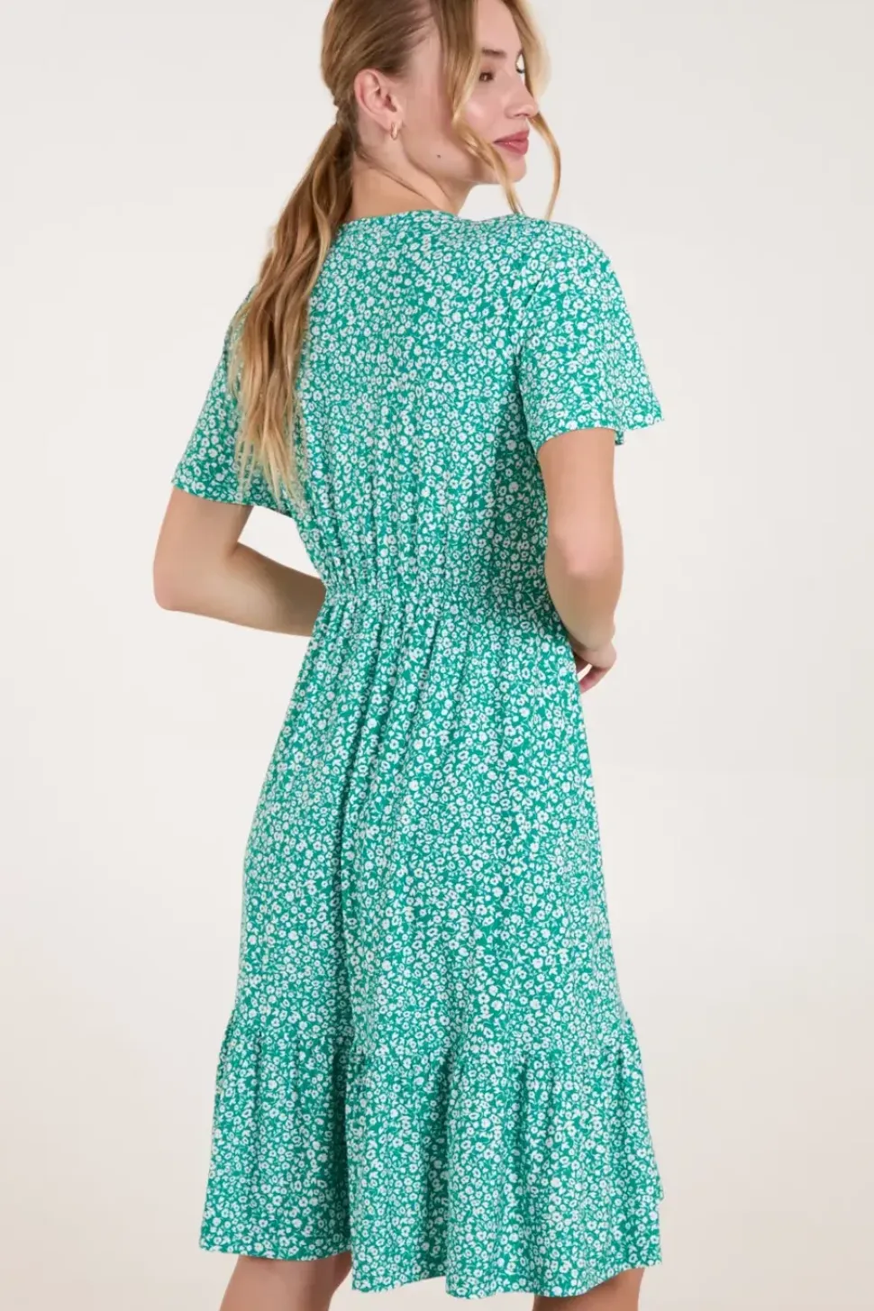 Ditsy Printed Angel Sleeve Elasticated V Neck Dress