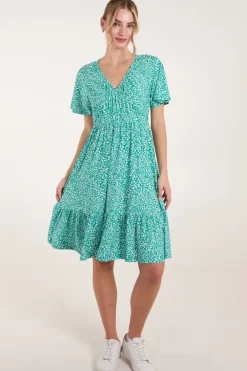 Ditsy Printed Angel Sleeve Elasticated V Neck Dress