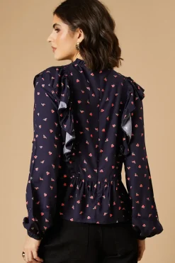Ditsy Printed Ruffle Lace Trim Top
