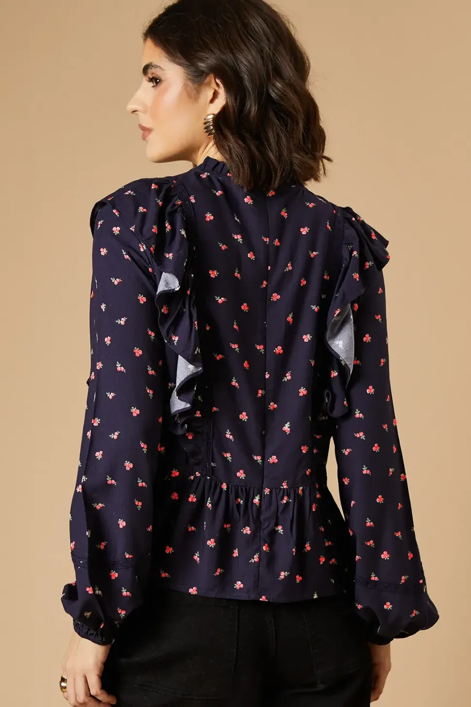 Ditsy Printed Ruffle Lace Trim Top