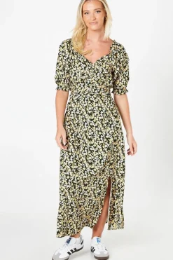 Ditsy Puff Sleeve Ruched Font Midi Dress