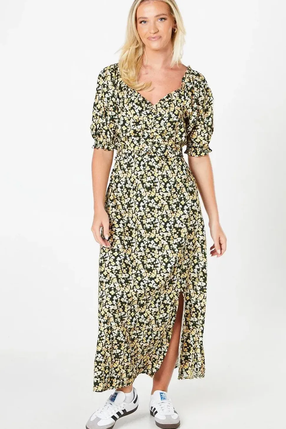 Ditsy Puff Sleeve Ruched Font Midi Dress