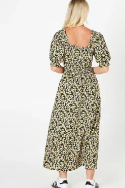 Ditsy Puff Sleeve Ruched Font Midi Dress