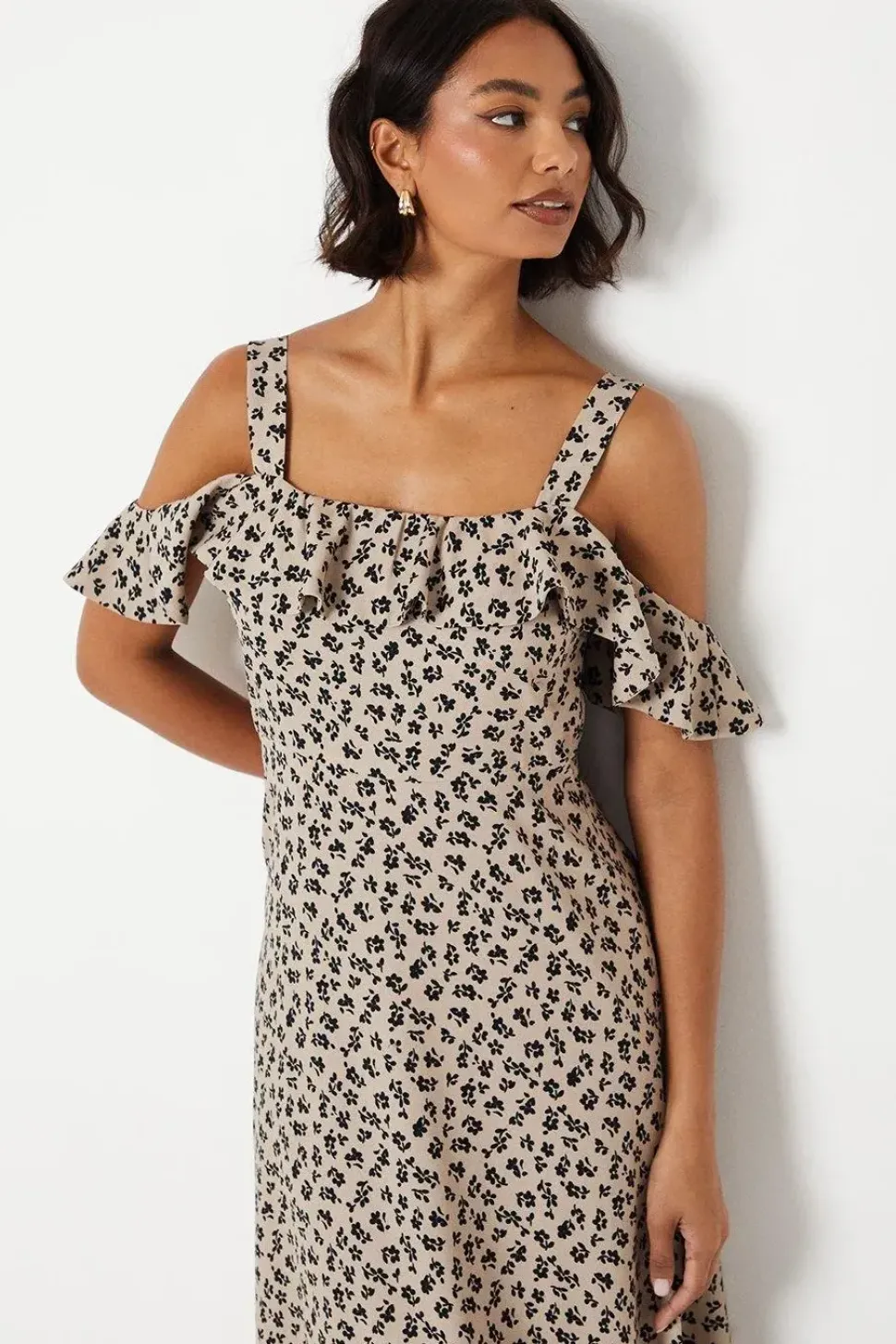 Ditsy Ruffle Strappy Bardot Midi