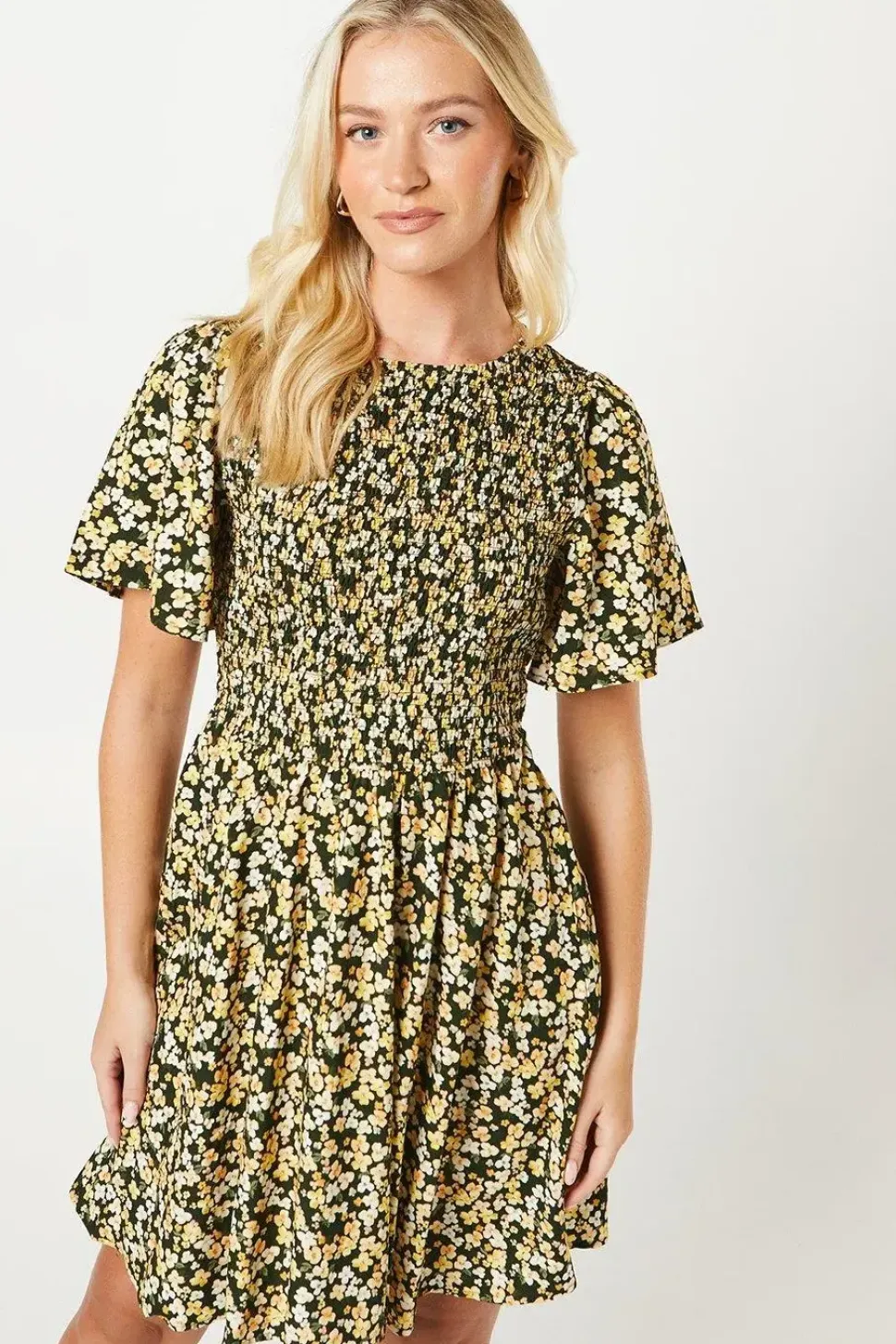 Ditsy Shirred Bodice Flutter Sleeve Mini Dress