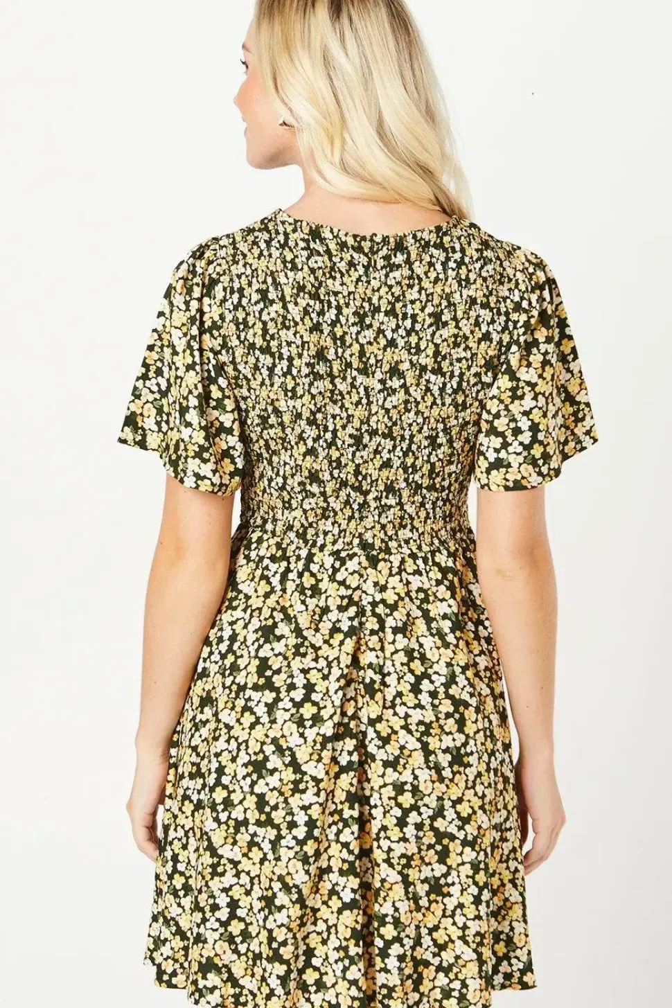 Ditsy Shirred Bodice Flutter Sleeve Mini Dress