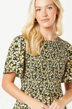 Ditsy Shirred Bodice Flutter Sleeve Mini Dress