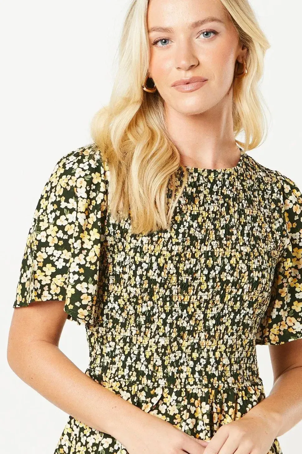 Ditsy Shirred Bodice Flutter Sleeve Mini Dress
