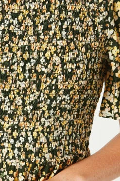 Ditsy Shirred Bodice Flutter Sleeve Mini Dress