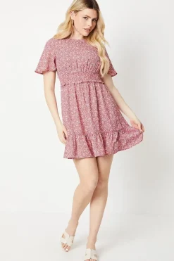 Ditsy Shirred Waist Angel Sleeve Mini Dress
