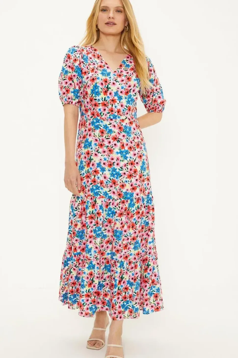 Ditsy V Neck Shirred Midi Dress