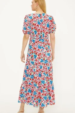 Ditsy V Neck Shirred Midi Dress