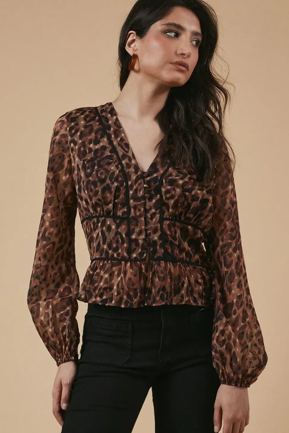 Dobby Chiffon Contrast Detail Button Through Blouse