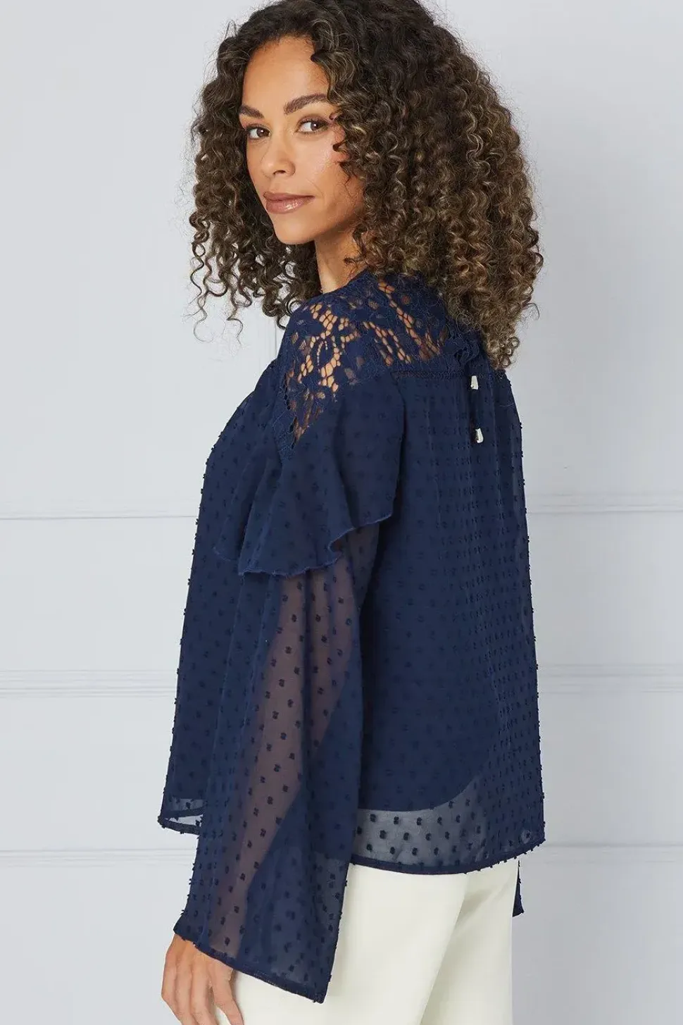 Dobby Chiffon Lace Trim Blouse