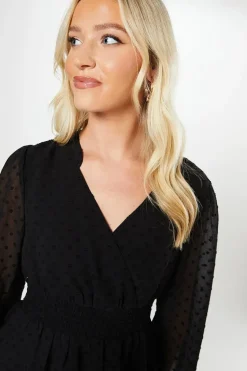 Dobby Chiffon Long Sleeve Shirred Waist Mini Dress