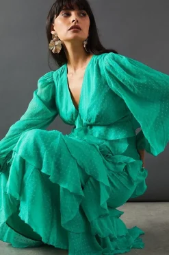 Dobby Chiffon Ruffle Midi Dress