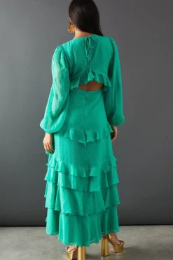 Dobby Chiffon Ruffle Midi Dress
