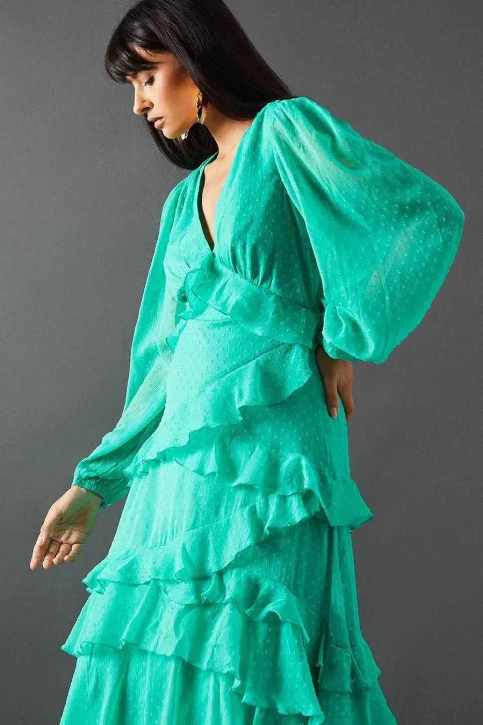 Dobby Chiffon Ruffle Midi Dress