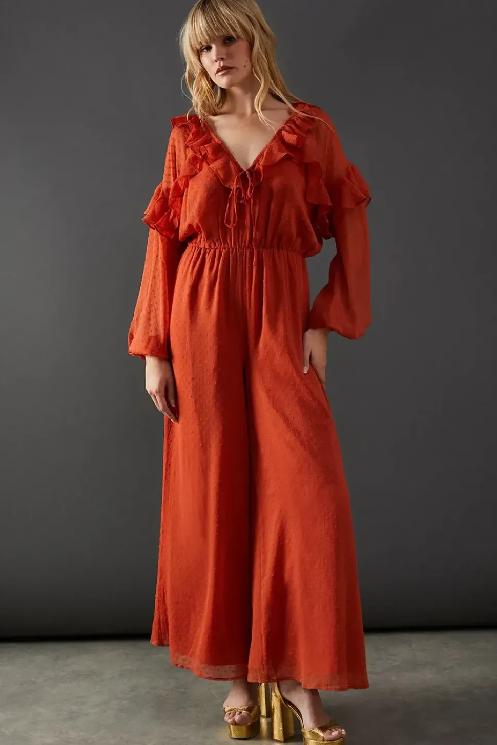 Dobby Chiffon Ruffle Waisted Jumpsuit