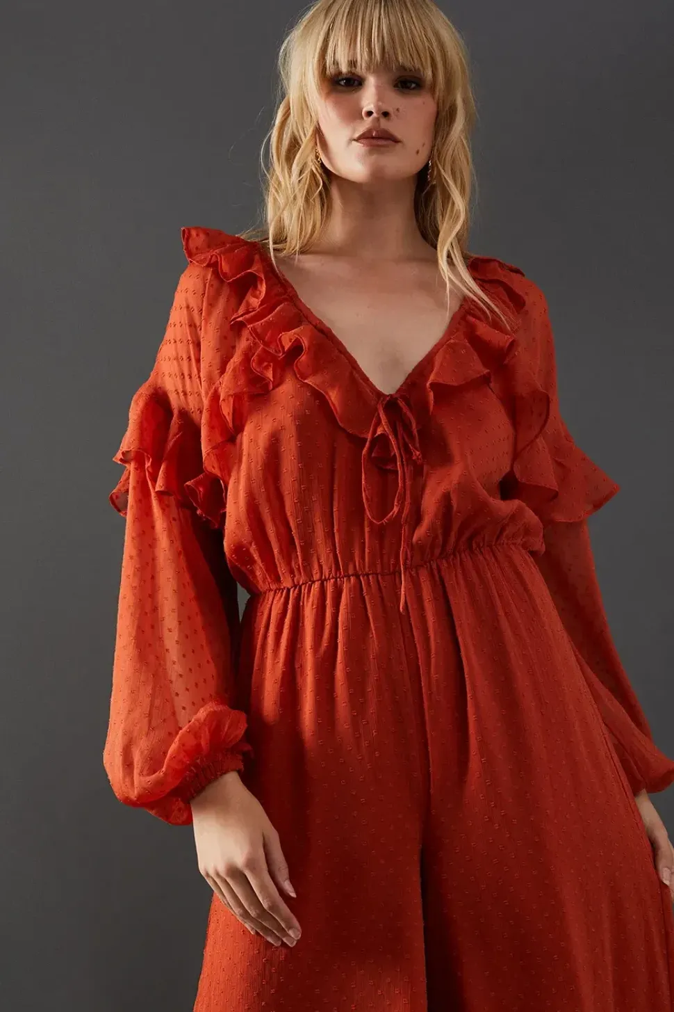 Dobby Chiffon Ruffle Waisted Jumpsuit