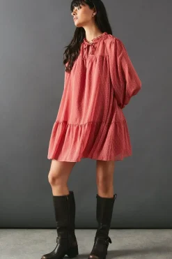Dobby Chiffon Tie Neck Drop Hem Mini Smock Dress