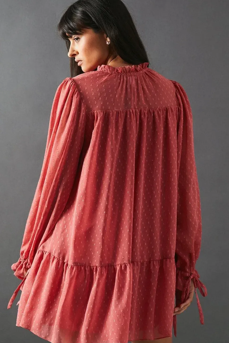 Dobby Chiffon Tie Neck Drop Hem Mini Smock Dress