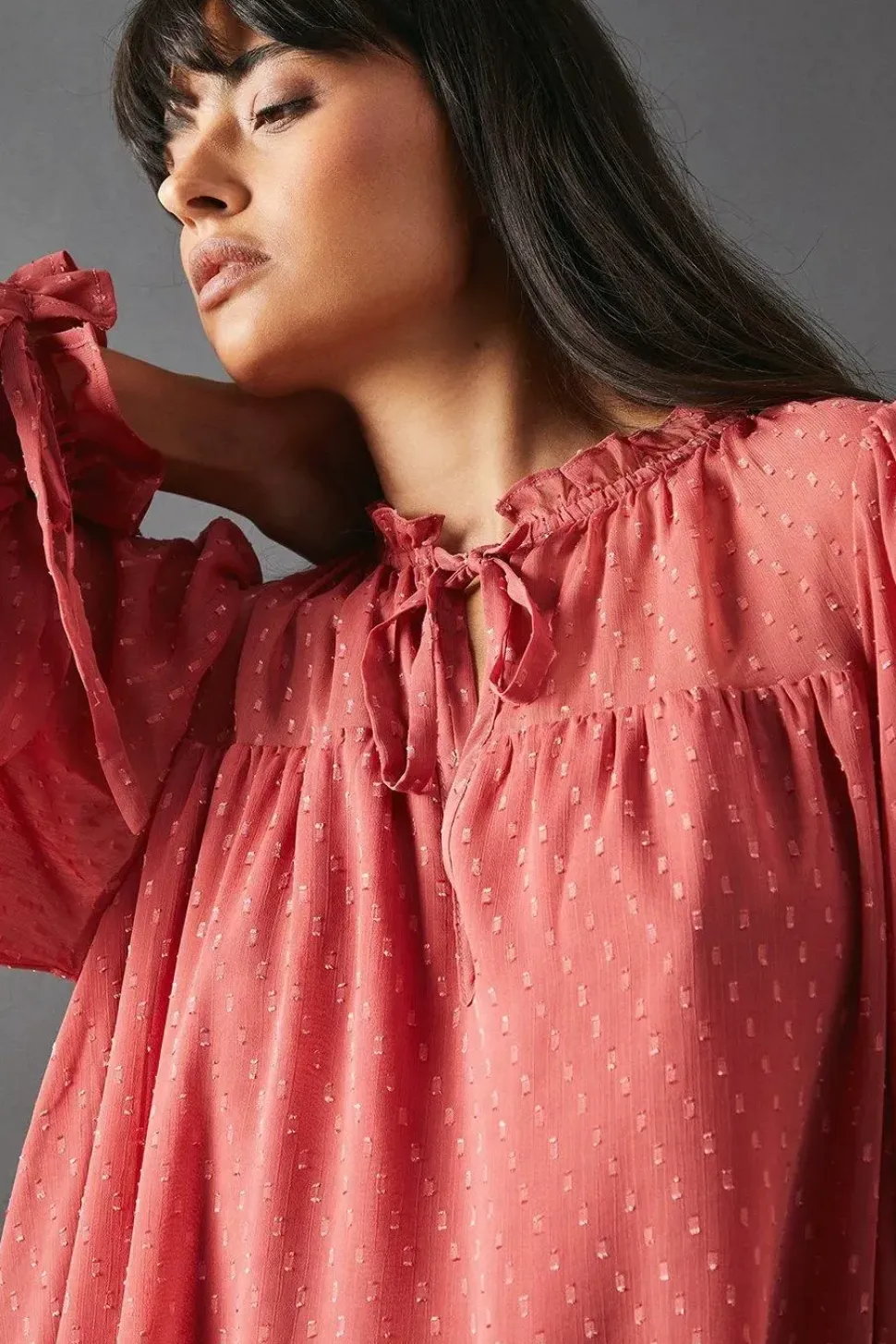 Dobby Chiffon Tie Neck Drop Hem Mini Smock Dress