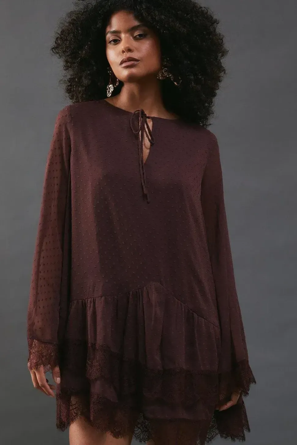 Dobby Chiffon Tie Neck Lace Hem Mini Dress