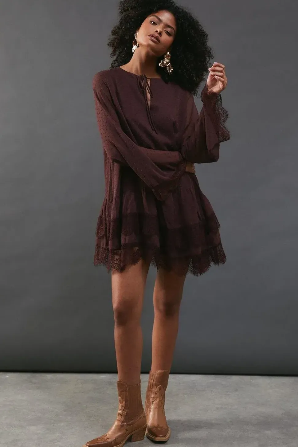 Dobby Chiffon Tie Neck Lace Hem Mini Dress