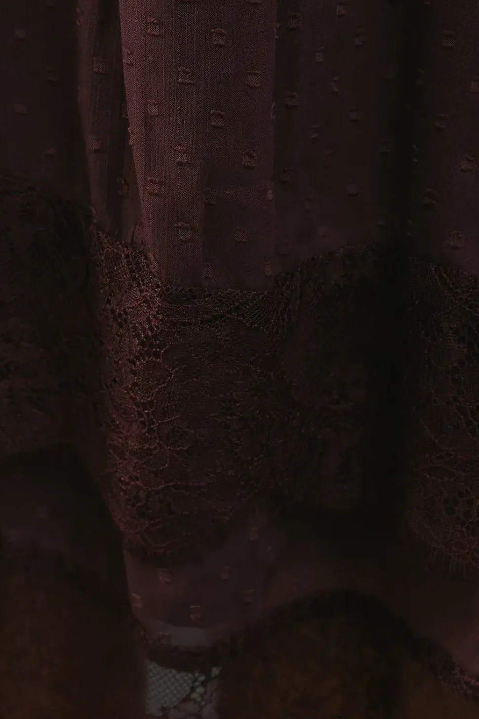 Dobby Chiffon Tie Neck Lace Hem Mini Dress