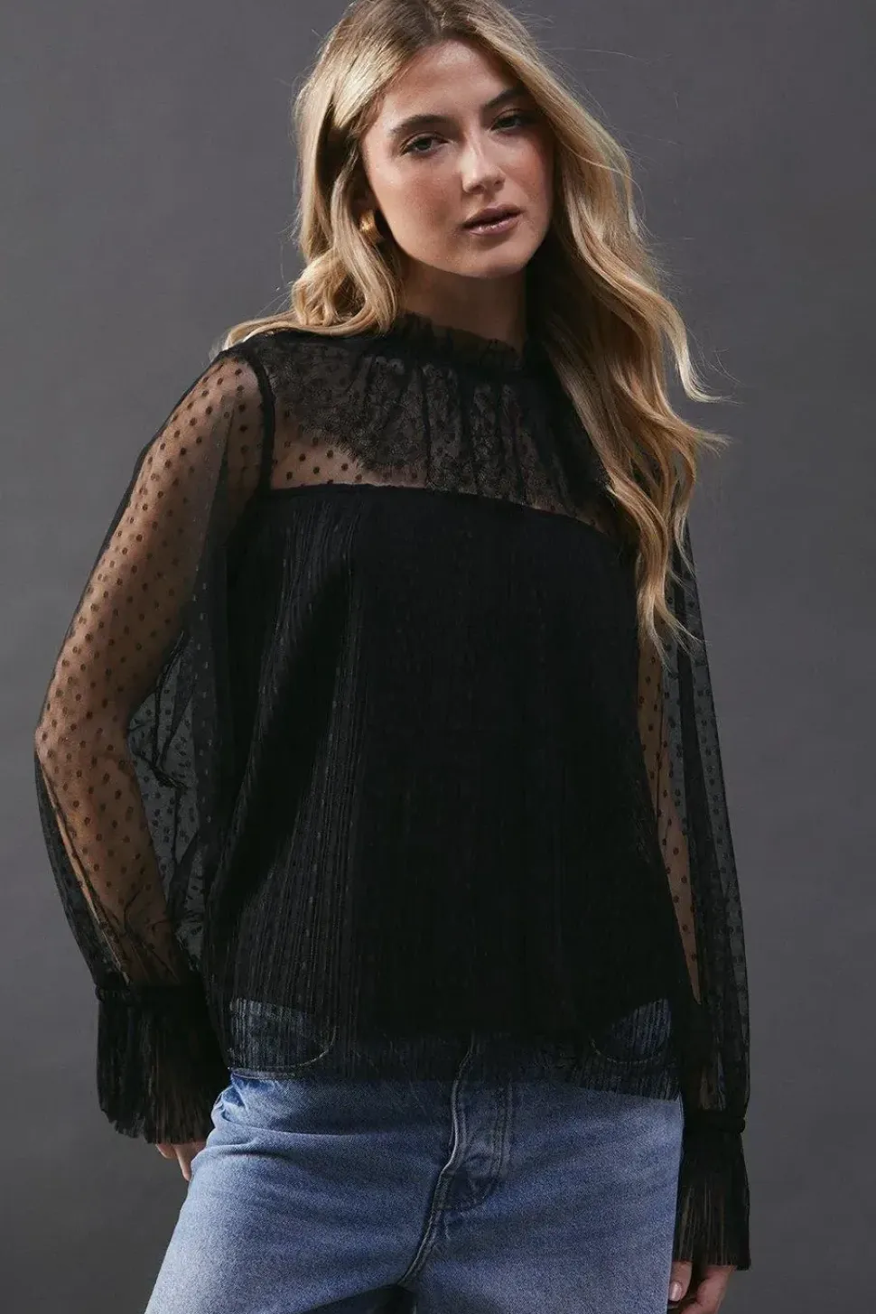 Dobby Tulle Lace Frill Neck Blouse