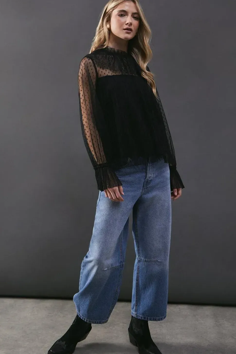 Dobby Tulle Lace Frill Neck Blouse