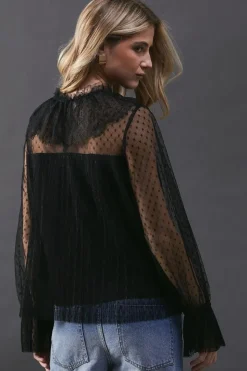 Dobby Tulle Lace Frill Neck Blouse