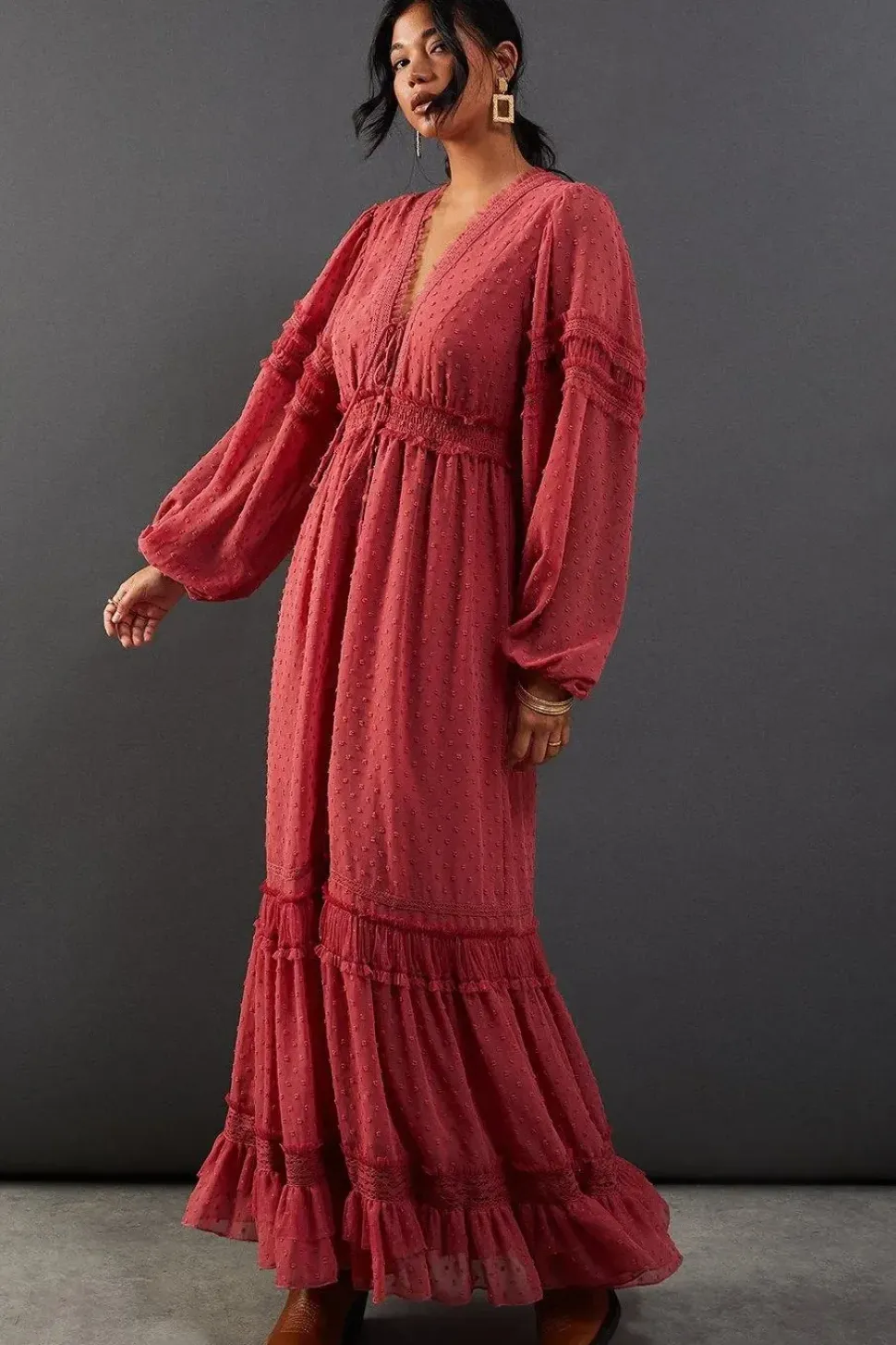 Dobby Tulle Trim Insert Button Maxi Dress