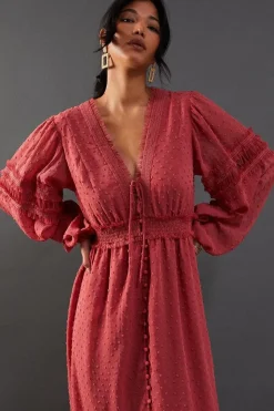 Dobby Tulle Trim Insert Button Maxi Dress