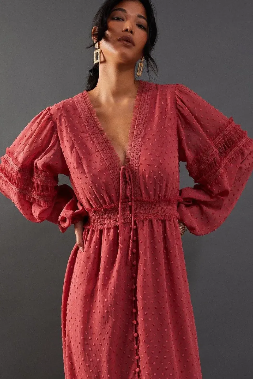 Dobby Tulle Trim Insert Button Maxi Dress