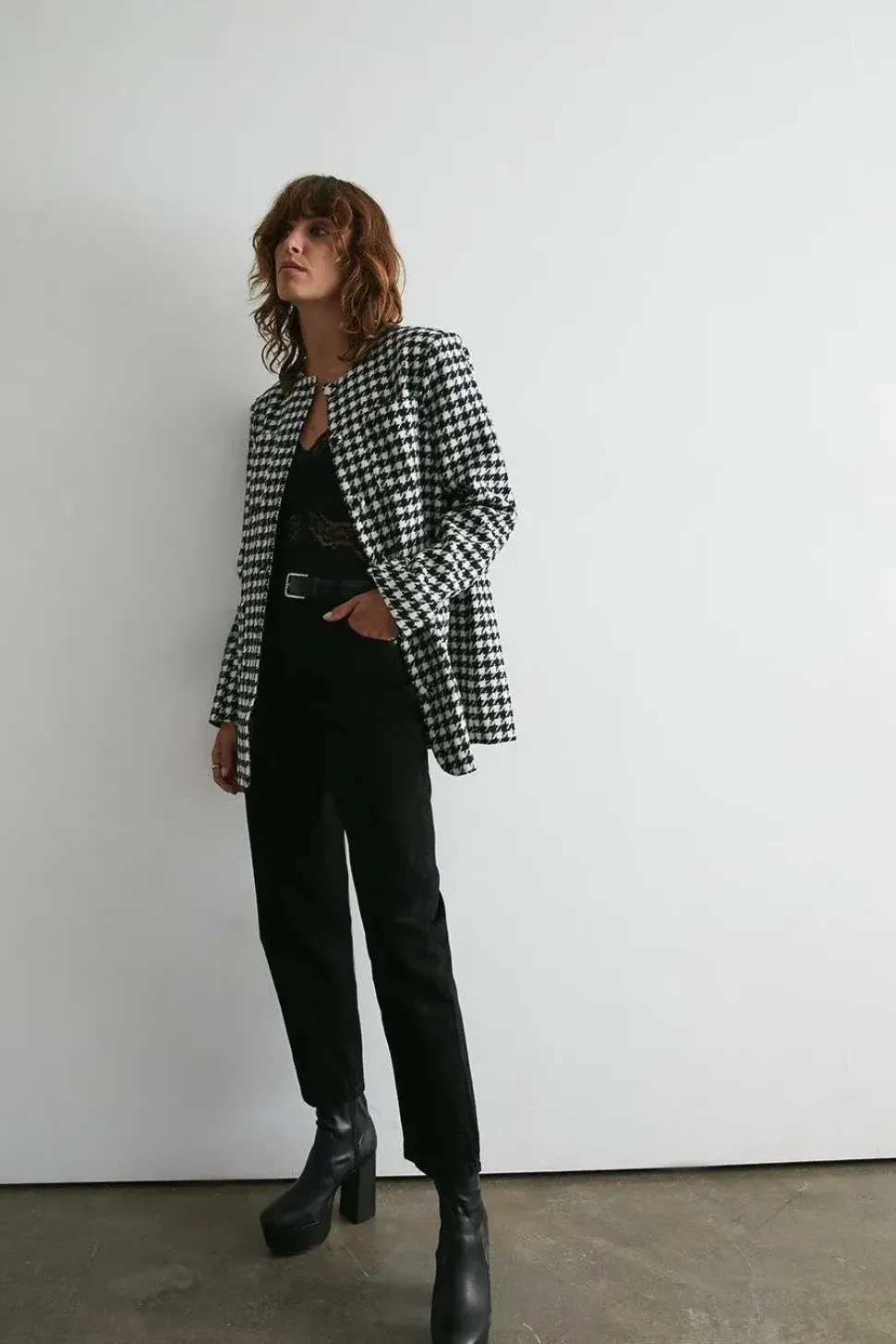 Dogstooth Tweed Long Line Jacket